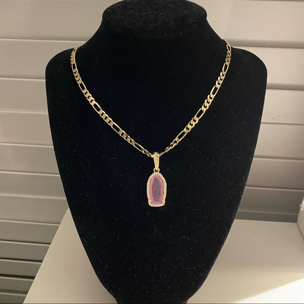 Gold Plated Purple Guadalupe Pendant With 20” Figaro Necklace